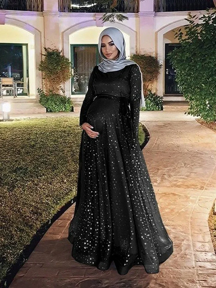 Muslim Floor-length Pregnant Dress Women Sequin Long Dresses Maternity Long Pregnancy Dress Vestidos Big Swing A-line maxi robe