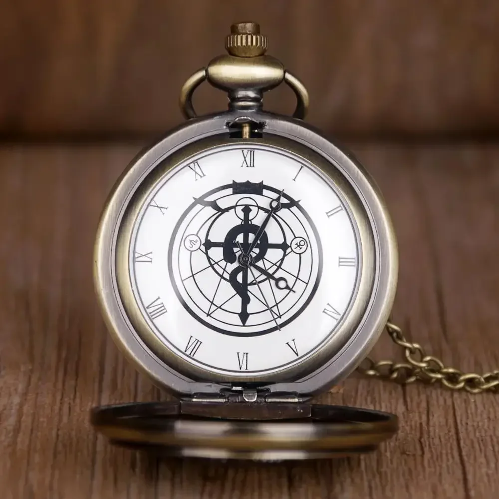 

SHUHANG 10pcs/lot Wholesale Vintage Full Metal Alchemist Quartz Pocket Watches Necklace Pendant Clock Chain Gifts for Men Women