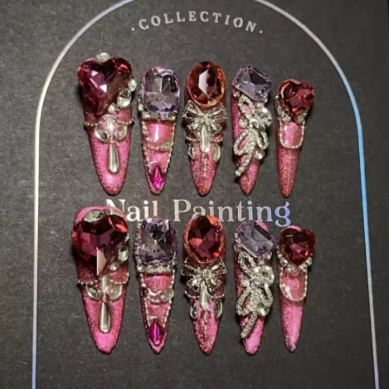 

Handmade Wearable Nail Patch with High-end Feel Red Cat Eye Nail Art White Highlighting Heavy Industry Luxury Fake Nail Sticker