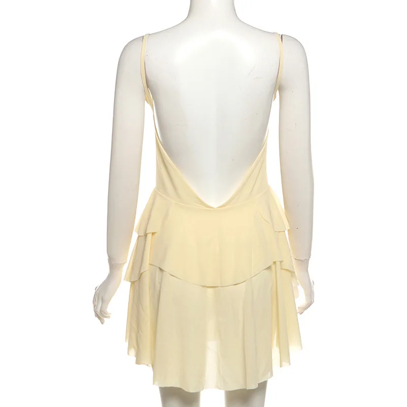 Vestido de baile plissado com alças esparguete feminino, decote em V profundo, vestido de festa sem costas, amarelo, rosa, cintura alta, mini curto, nova chegada, em estoque