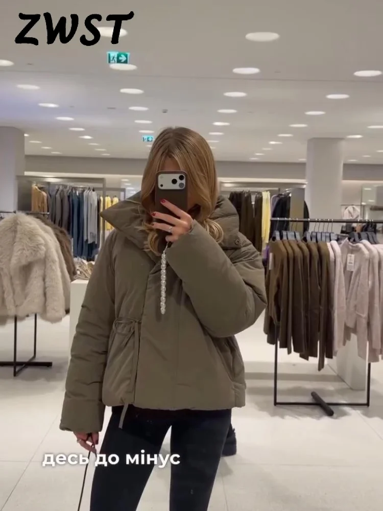 

Casual Loose Lace Up Cotton Coats Women Solid Thicken Full Sleeve Stand Collar Zippers Coat Female Winter Fashion Lady Outwears