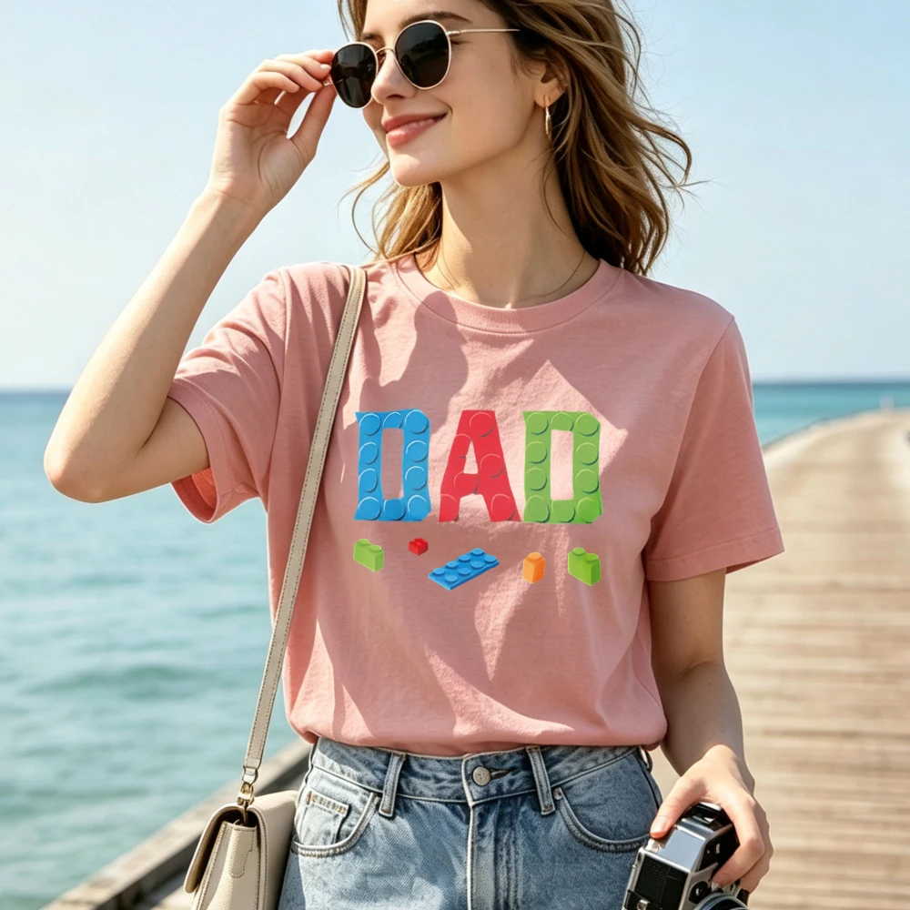 Male Summer Soft Cotton Tee Top Building Bricks DAD Letter Graphic Print Loose Fit Short Sleeve Casual Apparel Gift for Fathers