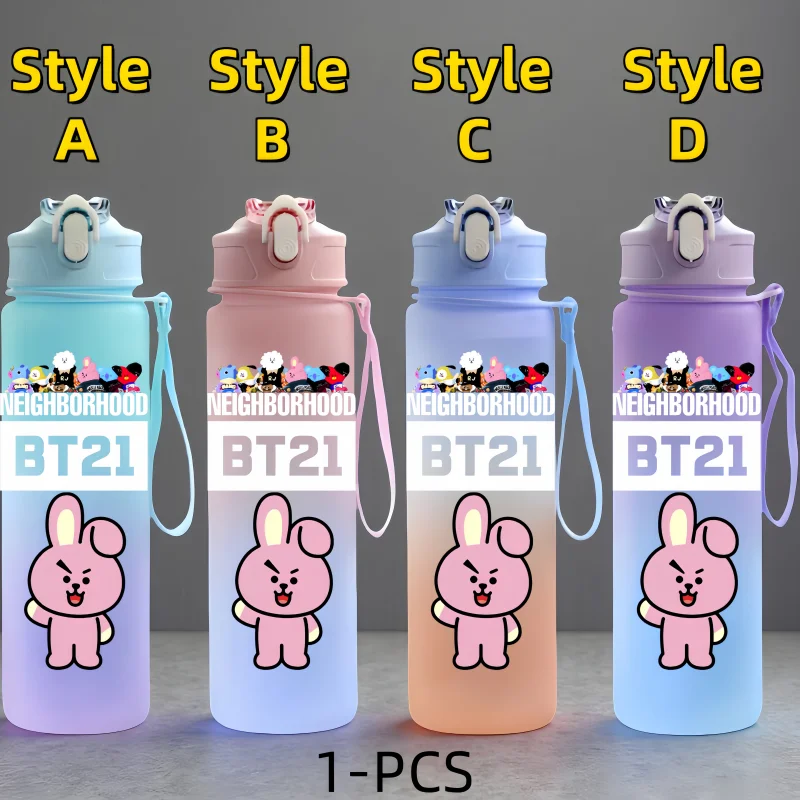 زجاجة مياه BT21 - زجاجة محمولة خارجية ذات سعة كبيرة مع حبل - هدية للأولاد والبنات
