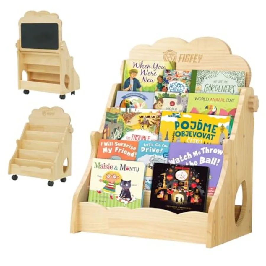 

Montessori 5-Tier Bookshelf with Lockable Wheels and Adjustable Drawing Board Natural Wood Toddler Book Rack for Nursery Toy St