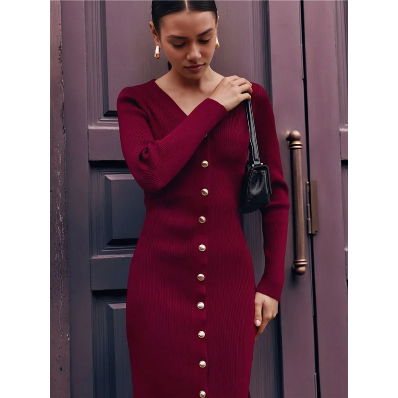 FX-Dames 2025, herfst trendy midi-sweaterjurk, casual v-hals, lange mouwen, geribbeld gebreide winter bodycon-jurken