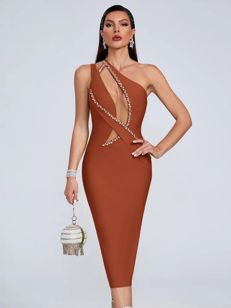 

Женское сексуальное облегающее бандажное платье миди на одно плечо с отверстием для ключей, оранжевое, расшитое бисером, 2022, элегантное вечернее клубное вечернее платье