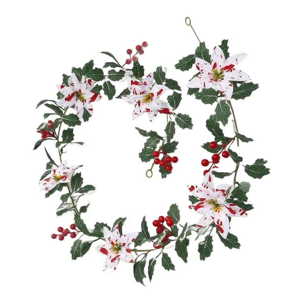 175cm Christmas Poinsettia Garland with Lifelike Red and White Berries for Indoor Holiday Decor Mantel Staircase and Table