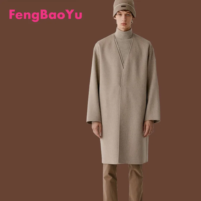 Double-sided cashmere autumn winter men's coat beige V-neck wool new fashion coat loose plus size fat 3XL 100KG warm soft wear