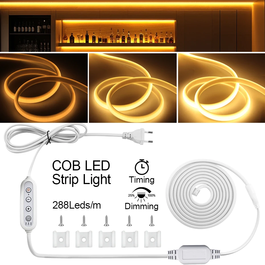 IP65 Waterproof 220V COB LED Strip Light 1m-25m 288LEDs/m with EU/AU/UK/US Plug & Timing Dimmer for Indoor/Outdoor Lighting