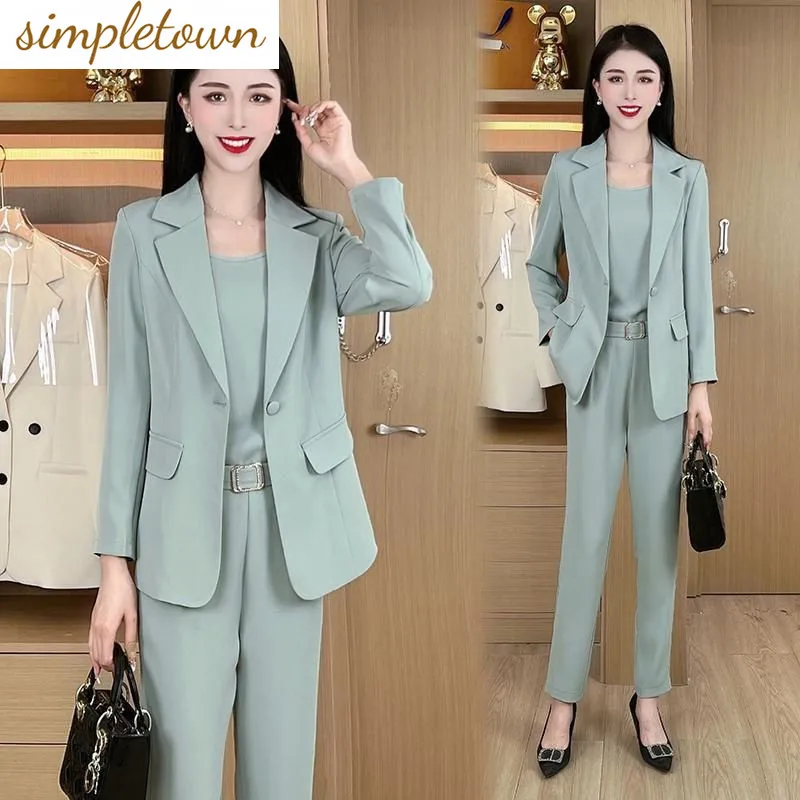 

2023 Summer Casual Jacket Blazer Wide Leg Pants Two Piece Elegant Women's Pants Suit Office Outfits Professional Set