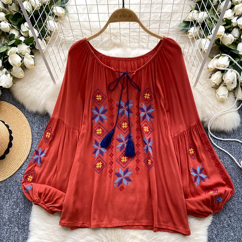 EWQ Fashion Embroidery Lace-up Women\'s Blouse Versatile Contrast Color Round Collar Long Sleeve Casual Clothing 2024 New 27X1124