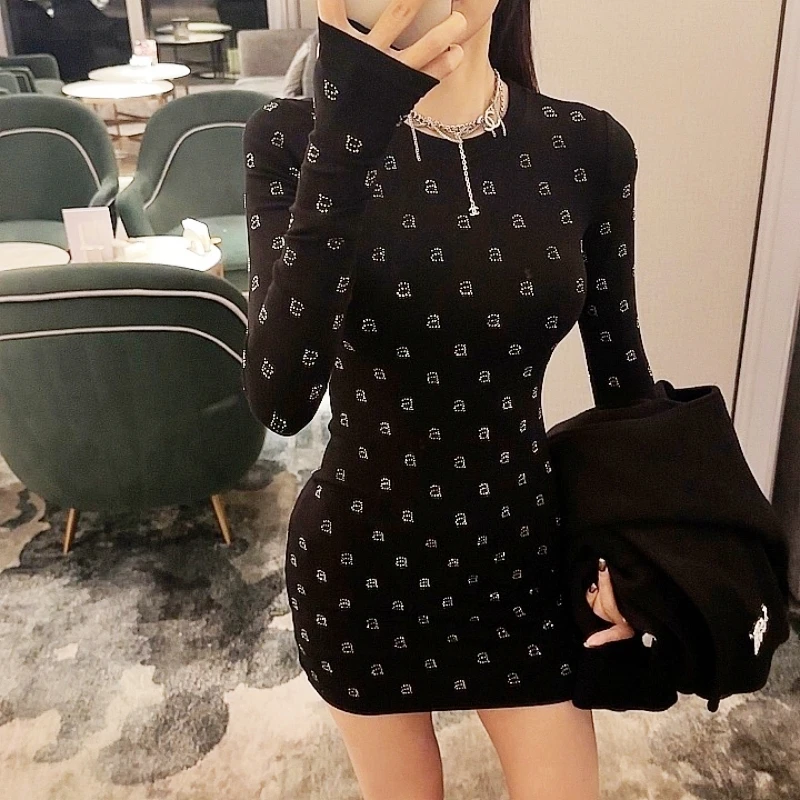 AW Wang Diamond  A Letter Slim Fit Stretch Black Long Sleeve Short Skirt For Women Evening Party Dress Vestidos Midi Clothing