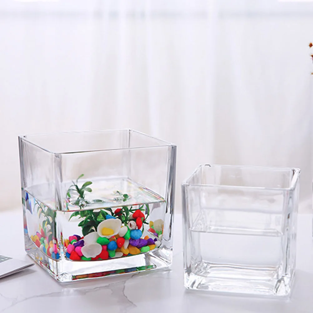 

2Pcs Hydroponic Plant Transparent Glass Containers Square Flowerpot Glass Vase with Wooden Stand Home Office Desktop Decoration