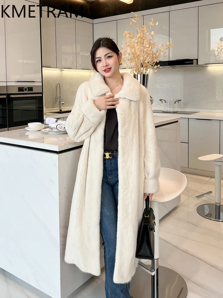 KMETRAM 100%天然ミンク毛皮ジャケット 女性用 最高品質 ラペル付き ロングリアルミンクファーコート 冬用婦人服 2026 шуба