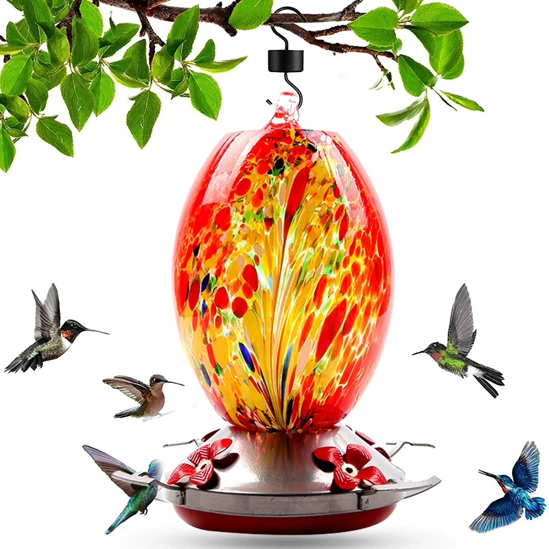 Painted Glass Hummingbird Water Feeder Leak-Proof & Rust-Proof Hand Blown Glass Feeder Suitable for Patio and Deck