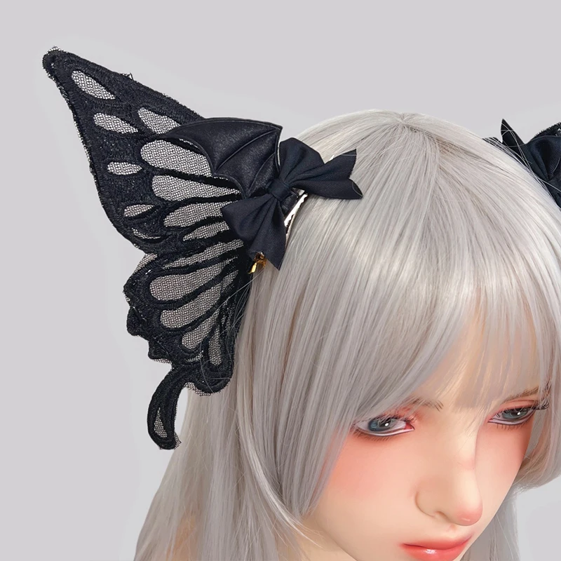 Gothic Lolita ปีศาจคอสเพลย์ Hairpin Harajuku อะนิเมะ Horns เย็บปักถักร้อยผมคลิป Headdress ปาร์ตี้ฮาโลวีนผีเสื้อค้างคาวผมคลิป