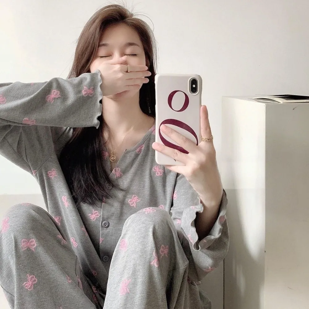 Sweet Floral Print Pajamas Set Long-Sleeve Round Neck Homewear Loose Fit Loungewear Set Spring and Autumn