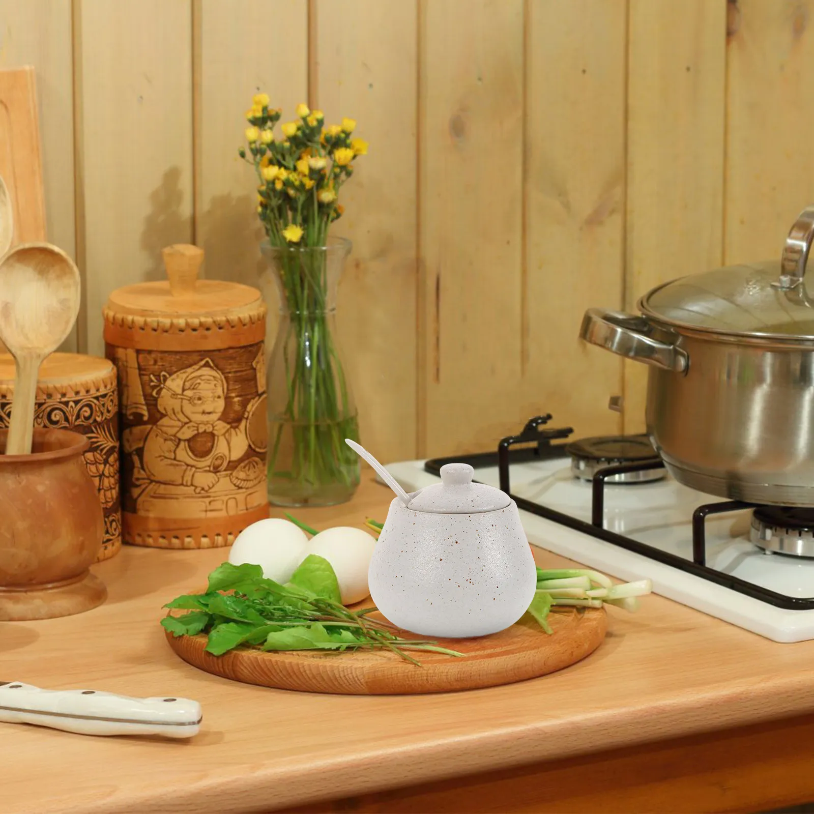 Juego de Condimentos de Porcelana, Tarro de Especias de Cerámica con Tapa y Cuchara, Resistente a Altas Temperaturas, Conserva la Frescura, Cocina Japonesa