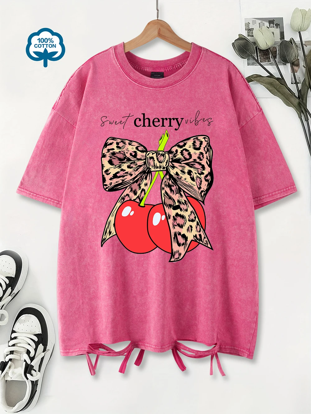 

Leopard Print Bow Cherry Printed Washed T-Shirt Women Cotton Oversize Tops Comfortable Distressed O-Neck T Shirt Summer Clothes