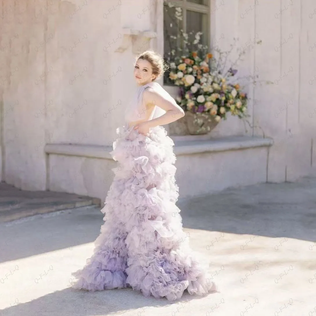 Photoshoot Lilac Wedding Dresses Layered Sleeveless Puffy Party Dress Ruffled Tulle Multi Layered V Neck Maxi Dress Gorgeous