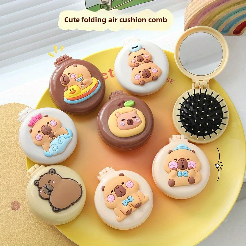 6/3 Pieces with Random Designs, Cute Capybara Air Cushion Comb, Portable Folding Inflatable Hairbrush with Mirror, Nylon Bristles for Gentle Hair Smoothing, Portable Travel Comb Suitable for Normal Hair, Cute Animal De