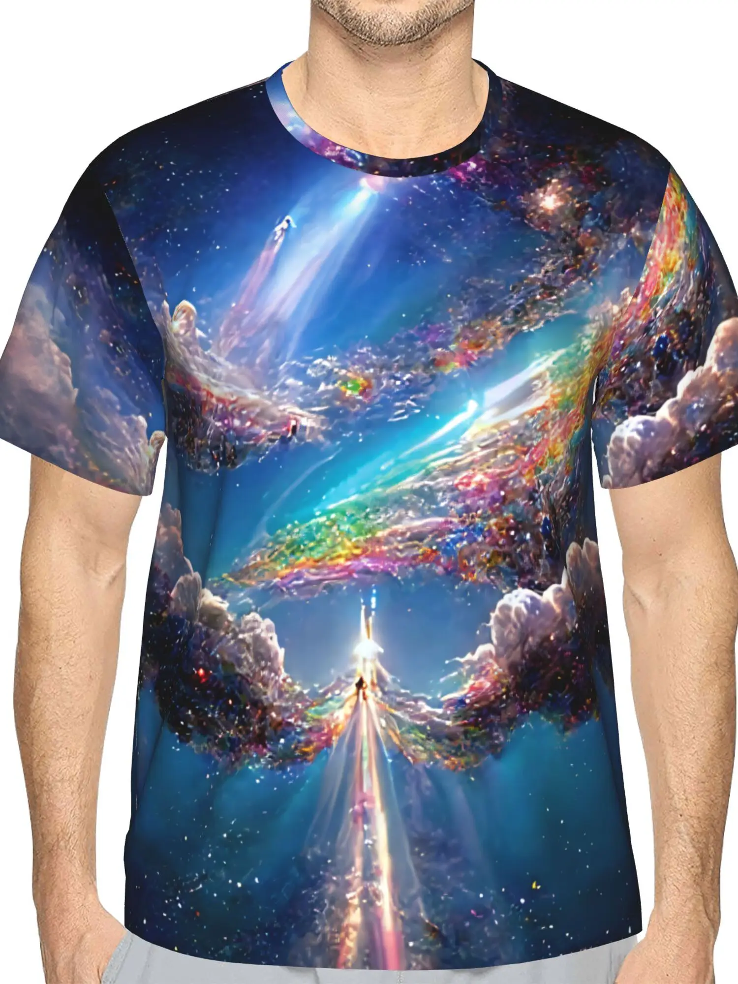 Men Colorful Glowing Nebula Cloud Light Beam Fantasy Starry Sky Print Short Sleeve Crew Neck Casual T-shirt