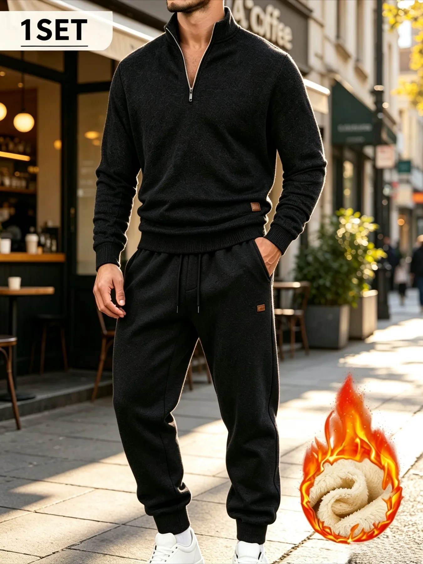 Freezing Weather Mens Melange Knit Sherpa Inner Matching Suit Half Zip Stand Neck Thermal Top Elastic Waist Jogger Sweatpants