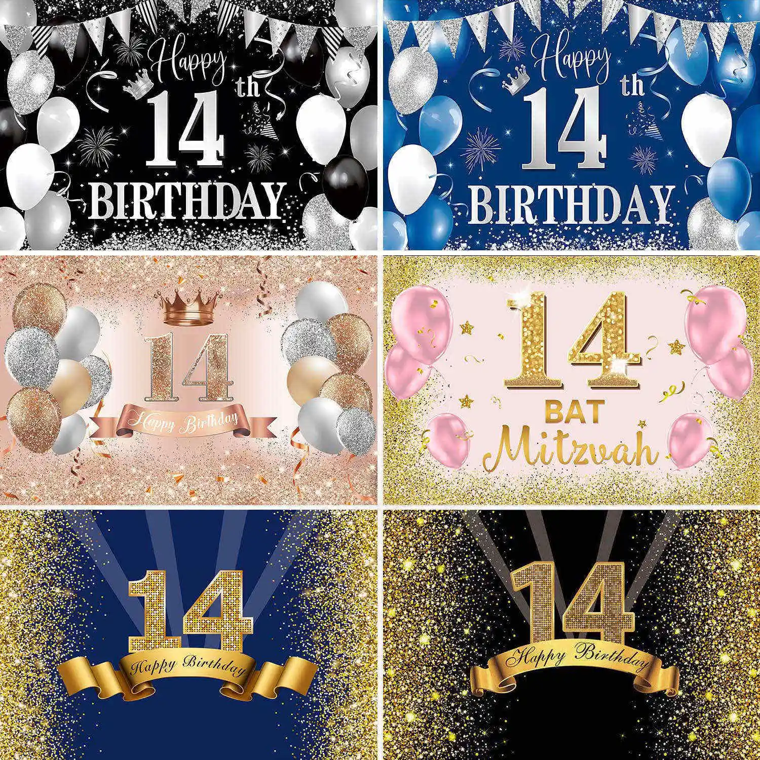 

Happy 14th Birthday Party Decoration Banner Backdrop Red and Black Blue Pink 14 Years Old for Girls Boys Photography Background