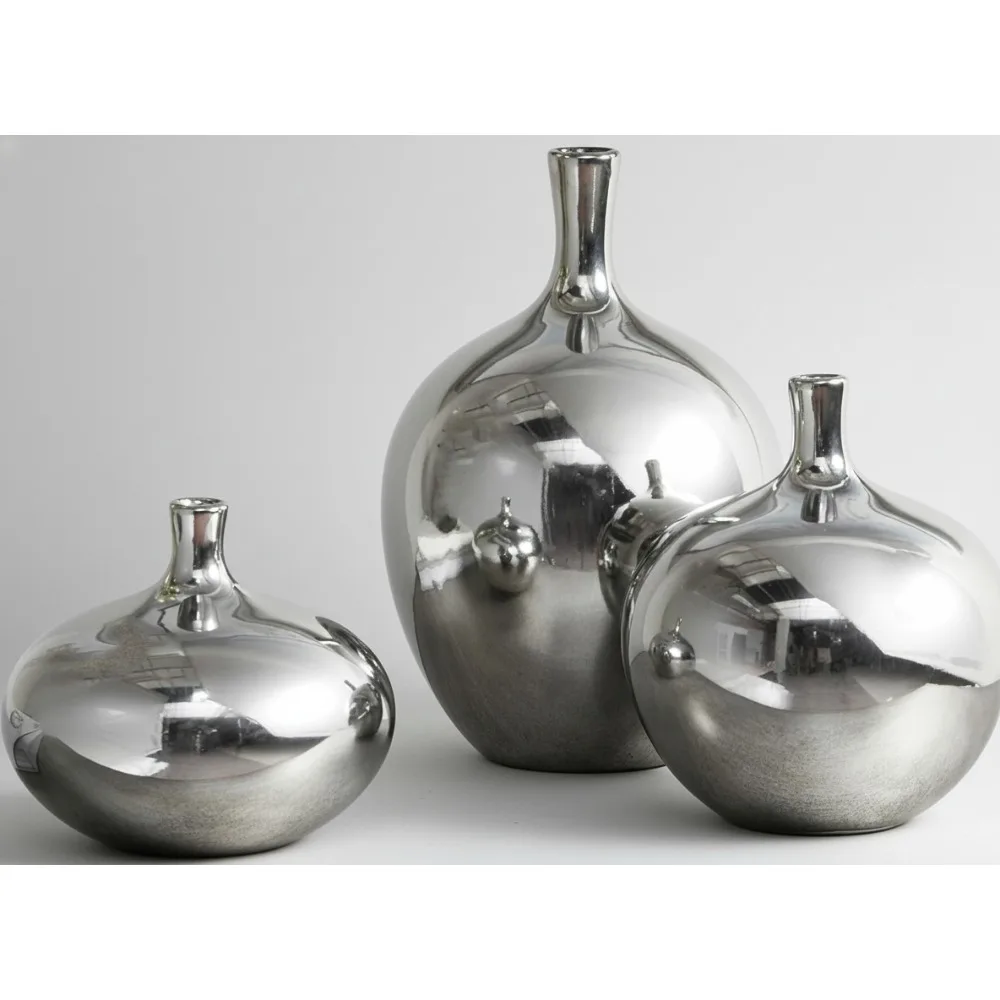 

Handmade Ceramic Vase Set with Metallic Finish - 3 Piece Home Decor for Living Room Shelf Table Mantle Silver