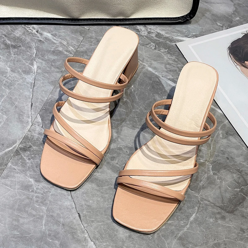 

Women Sandals Ladies Square Heels Elegant Summer Slippers Outside Cross Tied Leather Female Slides 2024 Fashion Woman Sandalias