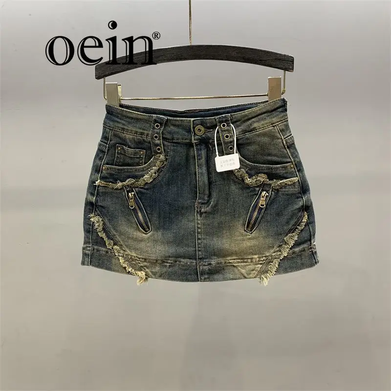 

[oein] American Style Girl Denim Mini Skirt, Female Design Sense, Niche Zipper, Rough Edge, Mid Waist, A-line Wrapped Hip Skirt