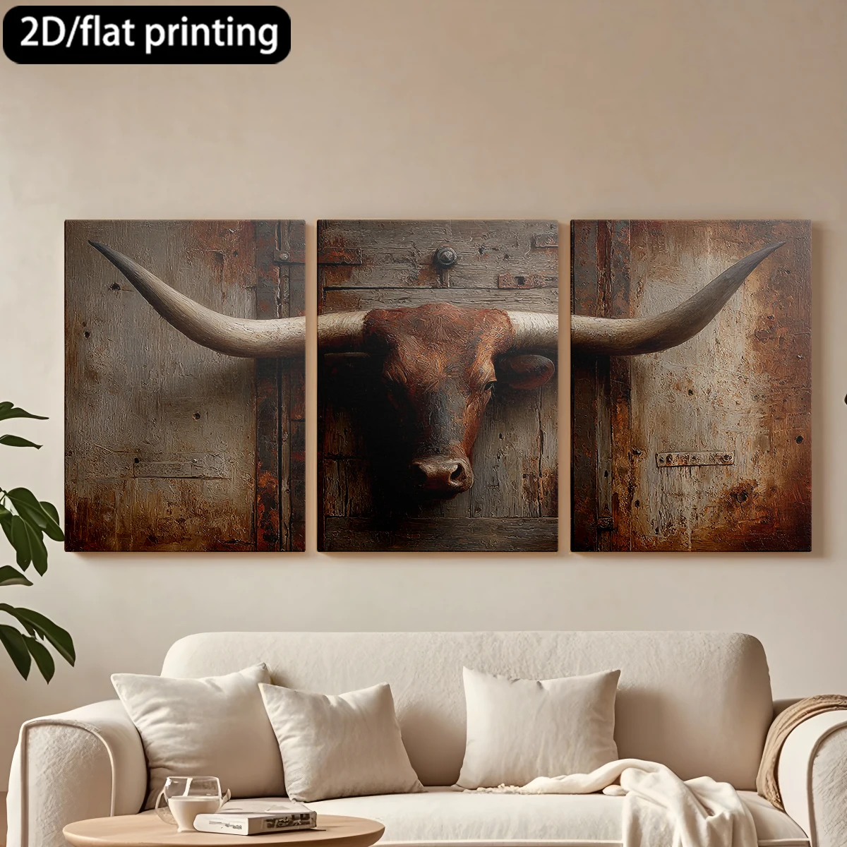 

2D flat printing 3pc wooden frame canvas decorative painting Horned bull skull decor.Corridor bedroom decoration