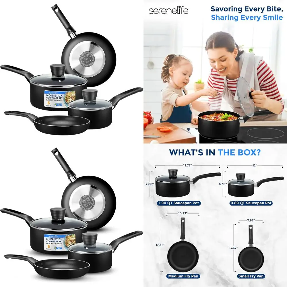 

Набор из 6 предметов посуды с антипригарным покрытием - черный, термостойкий, можно мыть в посудомоечной машине, включает сковороды и сотейники с крышками