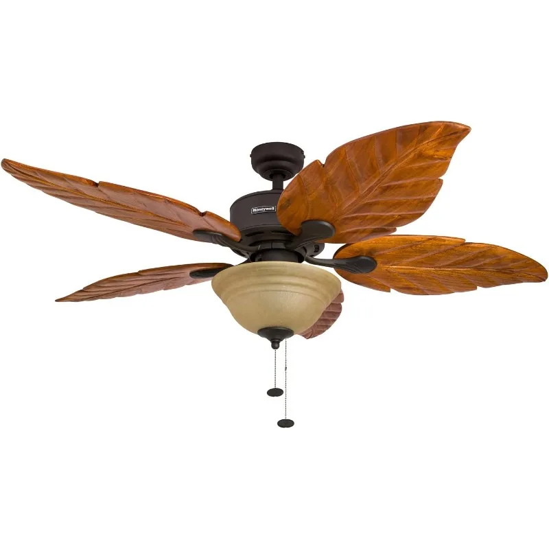 52 Inch Tropical LED Ceiling Fan with Light, Pull Chain, Three Mounting Options, Hand Carved Solid Wood Blades (Bronze)