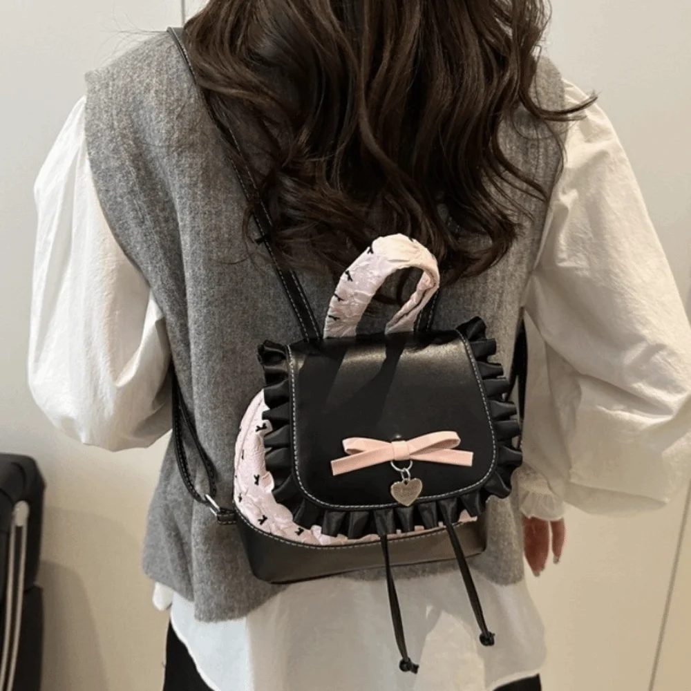 Sweet Exquisite Lace Trim Backpack Fashionable Ruffled Vintage Bucket Bag Compact Versatile Ballet Style Rucksack Party