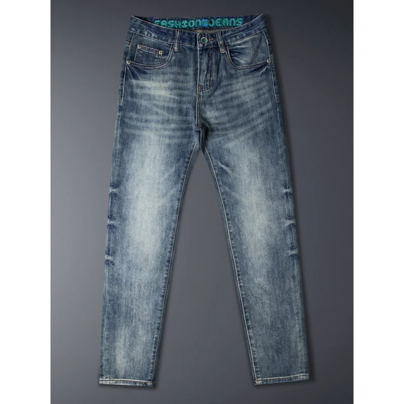 Celana jeans pria kualitas tinggi musim panas tipis elastis potongan ramping trendi versi Korea modis bordir retro
