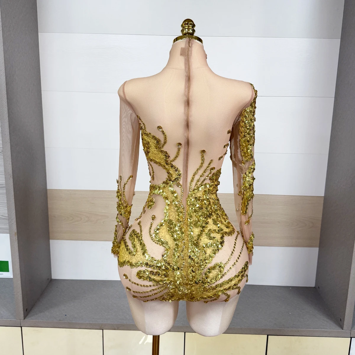 Designer Gold Sparkly Crystal Sequined Dress Sexy DS DJ Mesh See Transparent Birthday Party Latin Outfit Celebrate Show Outfit