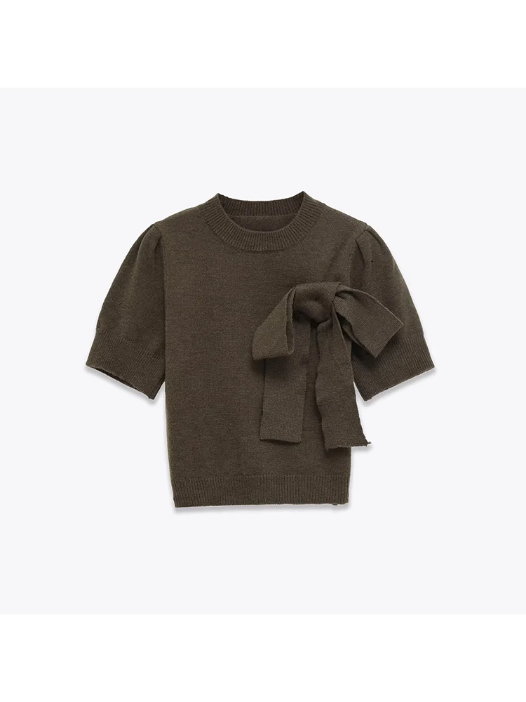 Nuovo top da donna in stile europeo: elegante, versatile, ampio, con dettaglio fiocco e scollo rotondo, maniche corte.