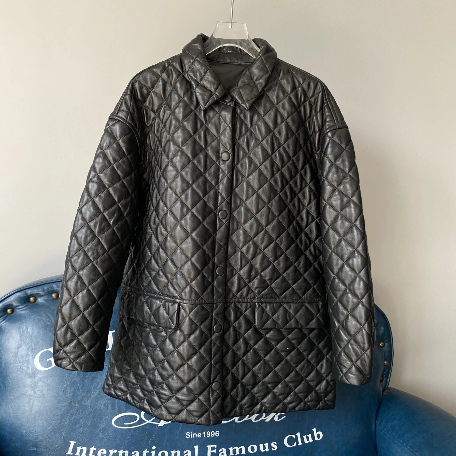 2024年新作 カジュアル ルーズ レディース レザージャケット コットンサンドイッチ 本革 ミディアム丈 シープスキンコート