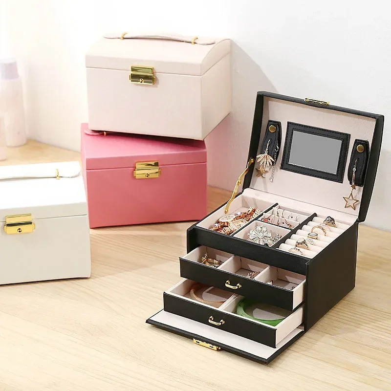 3-layer Large-capacity Jewelry Box Mirror Storage Makeup Box Storage Earring Holder Make Up Storage Box Home Organizer