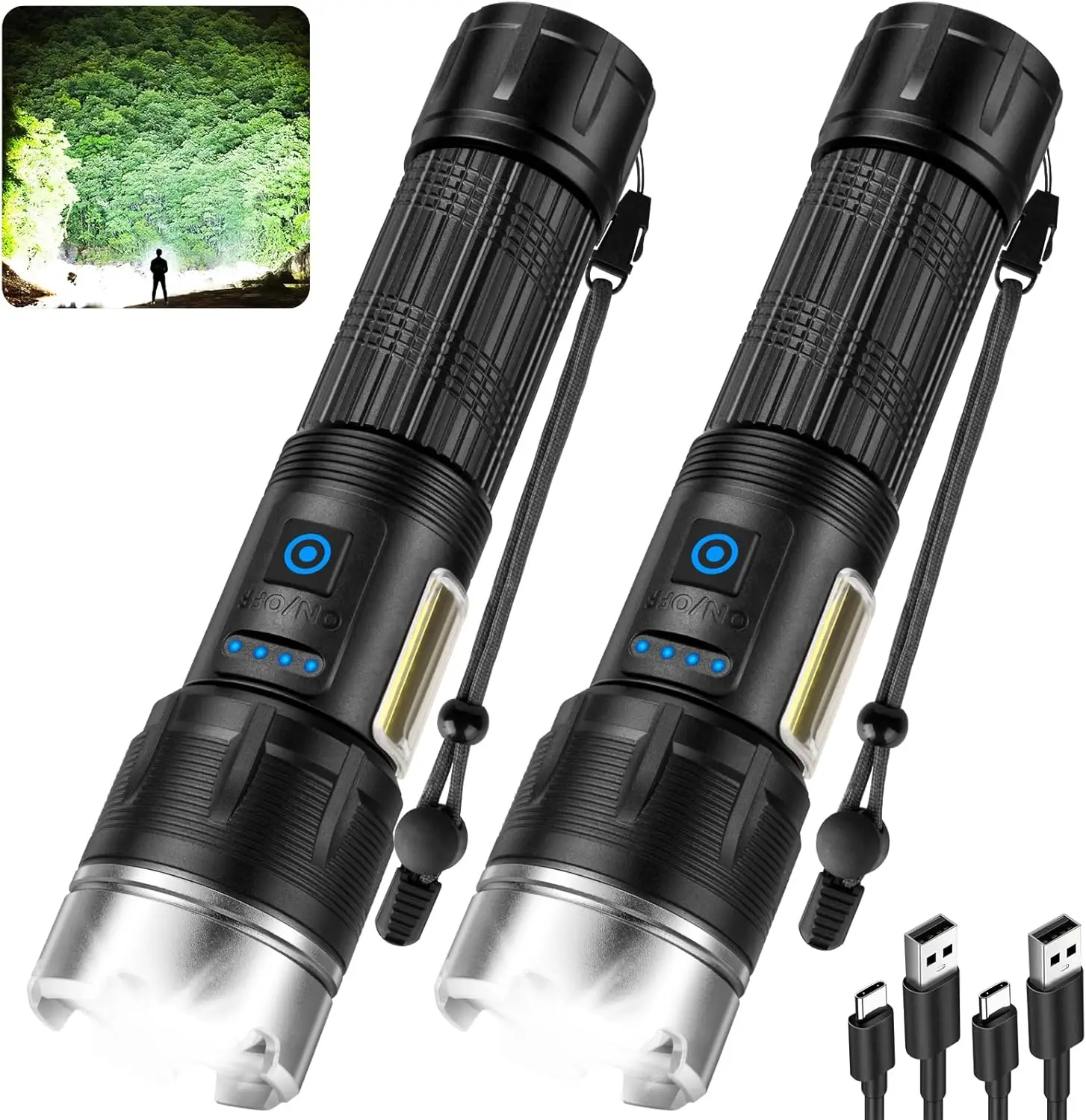 مصابيح كاشفة قابلة لإعادة الشحن، عبوتان، 7 أوضاع LED، IPX7 مقاومة للماء، لومن عالي للخارج والمنزل وحالات الطوارئ