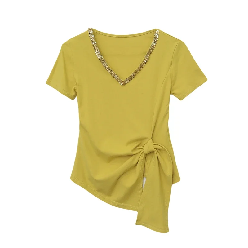 Maglietta da donna a maniche corte con scollo a V e paillettes a nastro alla moda coreana 2025 Top casual solidi