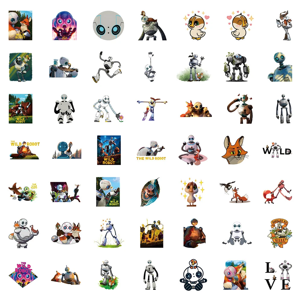 만화 영화 와일드 로봇 스티커 귀여운 그래피티 DIY 노트북 기타 전화 케이스, 물 컵 스크랩북 데칼, 어린이 장난감, 10 개, 30 개, 54 개