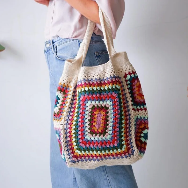 Imagem -03 - Grande Bolsa de Ombro Colorida para Mulheres Bolsa Quadrado do Crochet Preto Marinha Damasco Boho Bonito Tecido para a Praia Verão