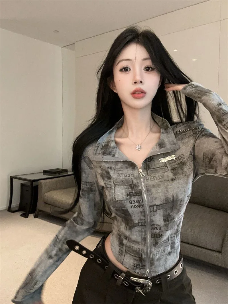 Real shot 2025 Women's American Y2K Vintage Streetwear Tie - dye Chic Zipper Cardigan, Stand Collar, Edgy Rivets Patch, Slim Cro