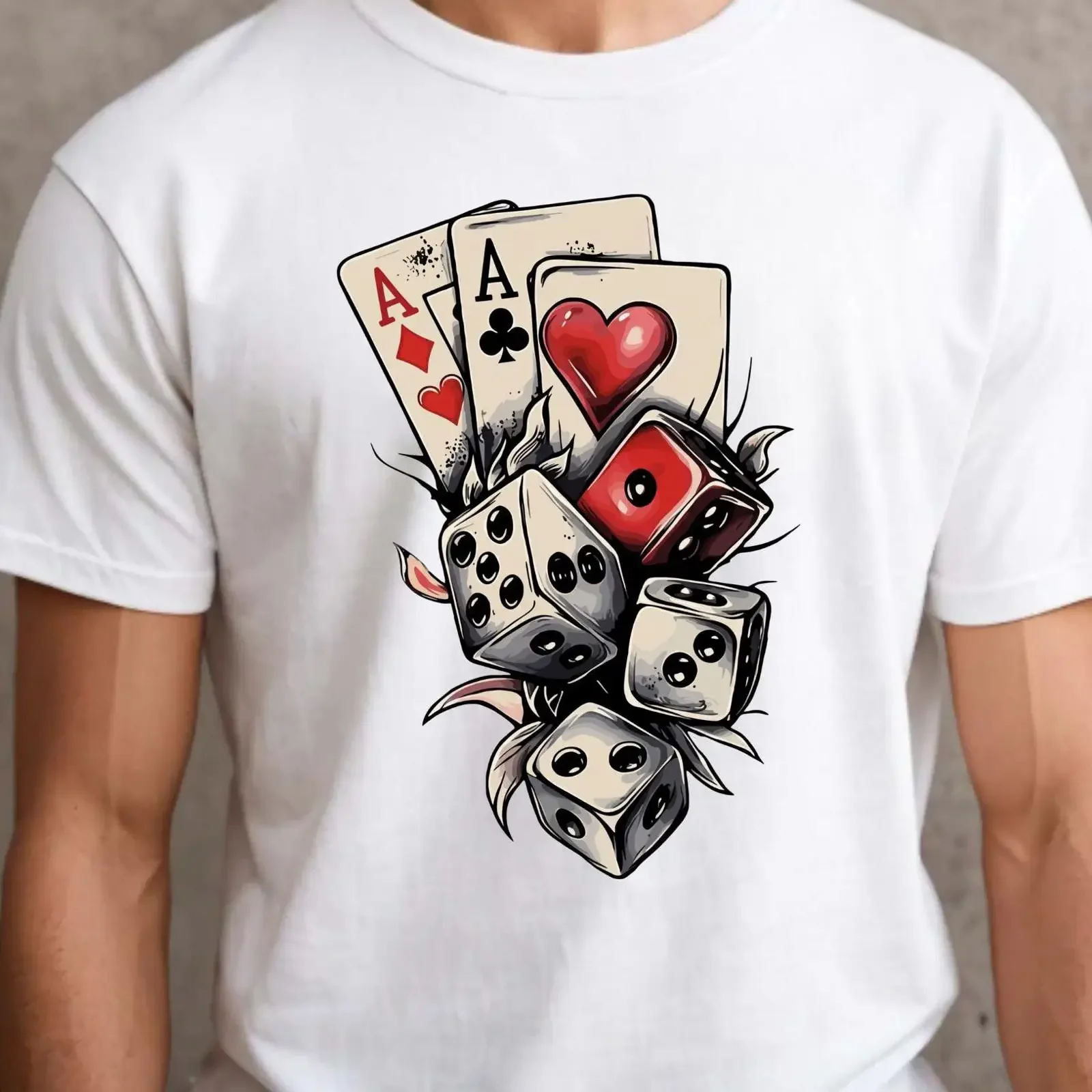 Casino Dice Aces T Shirt Vintage 90s Style Gambler vintage Washed Stretched homme Top For Everyday Wear Casual Versatile