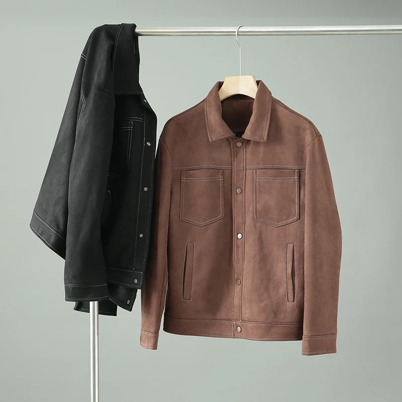 

Мужская модная повседневная куртка из замши с воротником, осенне-зимняя верхняя одежда, приталенный крой, длинный рукав, на одной пуговице