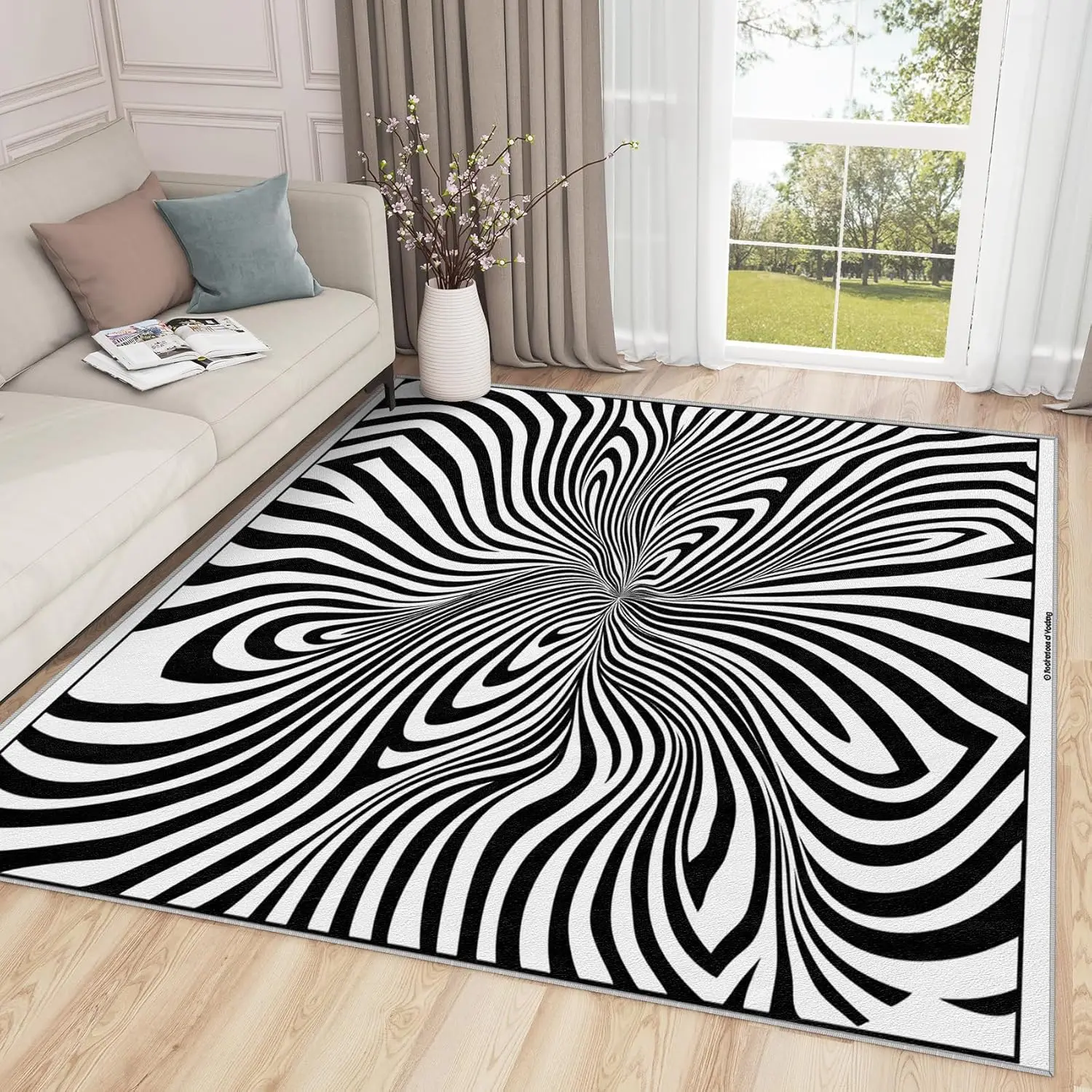 Psychedelic Rug Rug - Optical Illusion Rug-3D Black and White Hypnotic Area Rug - Abstract Geometric Rugs-Visual Illusion Carpet