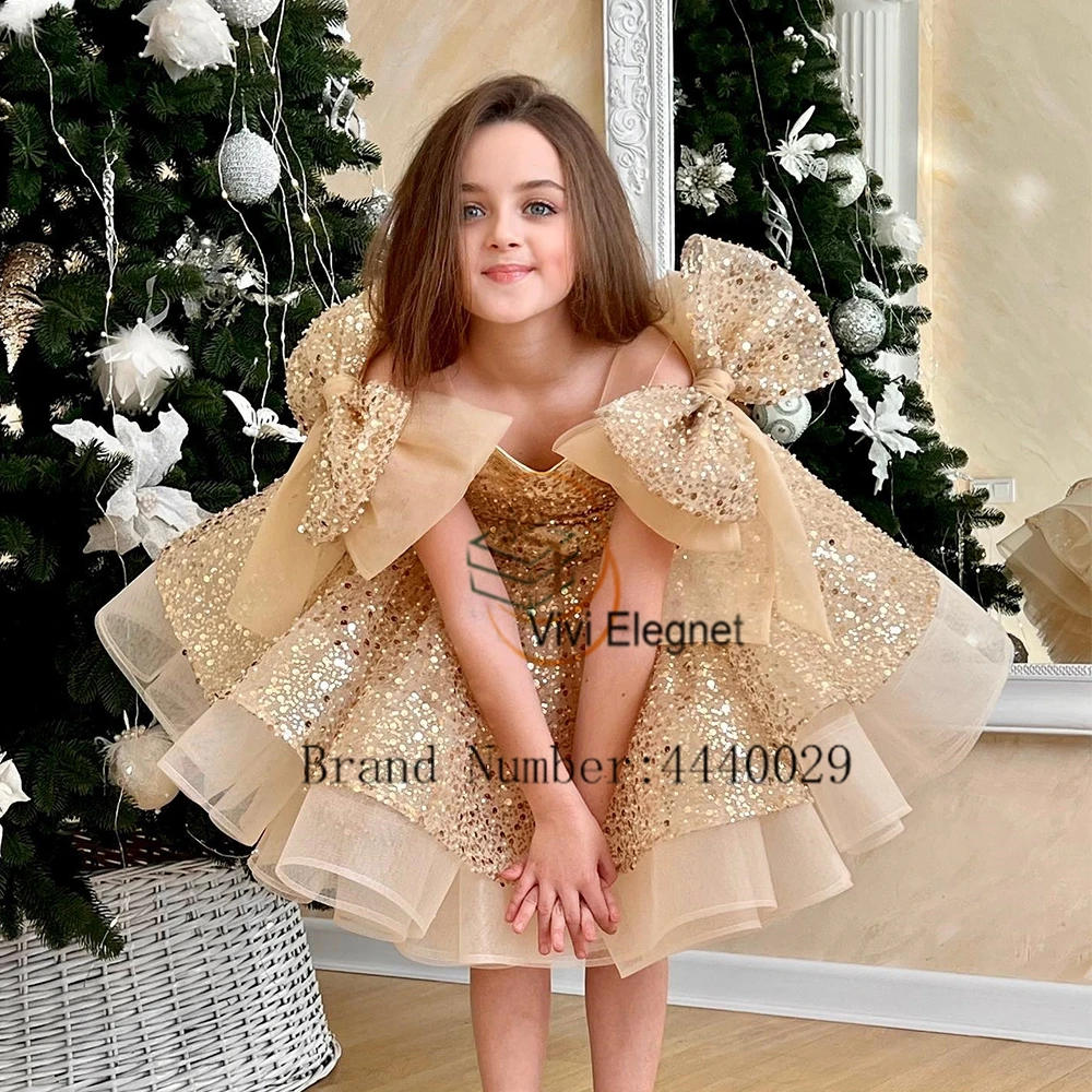 Vestido sem mangas champagne com arco para meninas, pescoço no barco, vestidos floridos para princesa, altura do joelho, festa de casamento, verão, novo, 2024