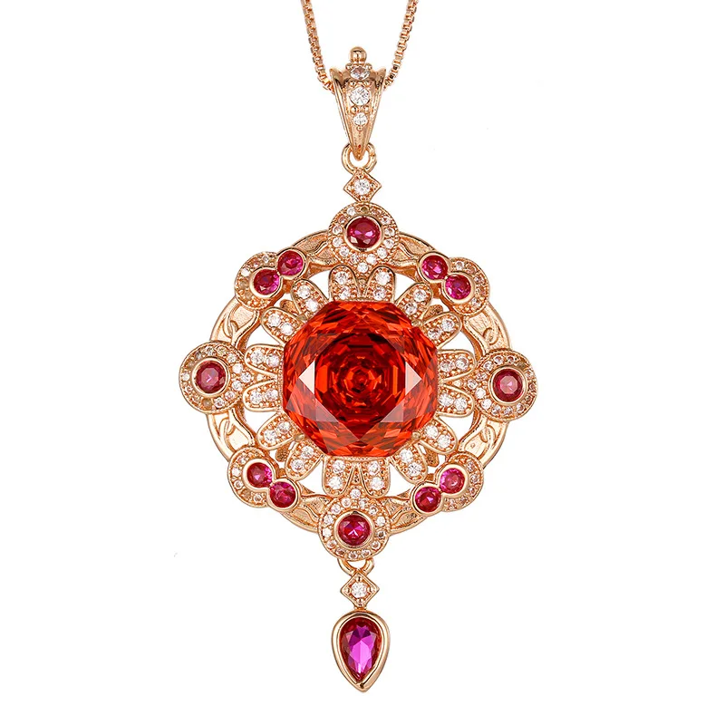 Vintage Rose Gold Color Pendant Necklace with Multi-Color Cubic Zirconia Geometric Floral Design Statement Jewelry for Women